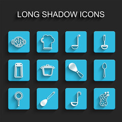Set line Frying pan, Kitchen whisk, Cooking soup pot, ladle, Sponge with bubbles, Spoon and icon. Vector