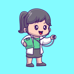 Obraz premium Cute Female Doctor Holding Stethoscope and Clipboard Cartoon Vector Icon Illustration. People Medical Icon Concept Isolated Premium Vector. Flat Cartoon Style