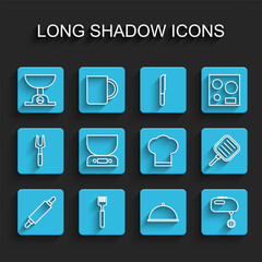Set line Rolling pin, Fork, Electronic scales, Covered with tray, Electric mixer, Frying pan and Chef hat icon. Vector