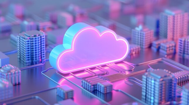 Futuristic concept of cloud computing with a neon cloud icon in a modern cityscape, representing connectivity and digital communication. 3D Illustration.