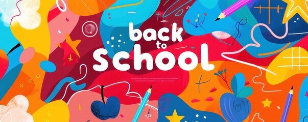 Bold "Back to School" vector with colorful abstract shapes, suitable for banners.