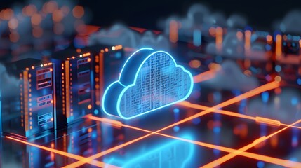 Futuristic data server with neon cloud icon representing cloud computing and server technology. 3D Illustration.
