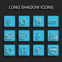 Set line Horseshoe, Waterproof rubber boot, Corn, Location corn, farm, Potato, Full sack and wooden box and Garden trowel spade shovel icon. Vector