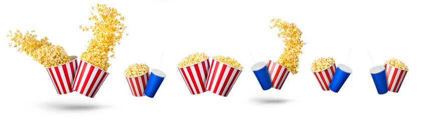 Paper striped bucket with popcorn and cup of soft drink isolated on white