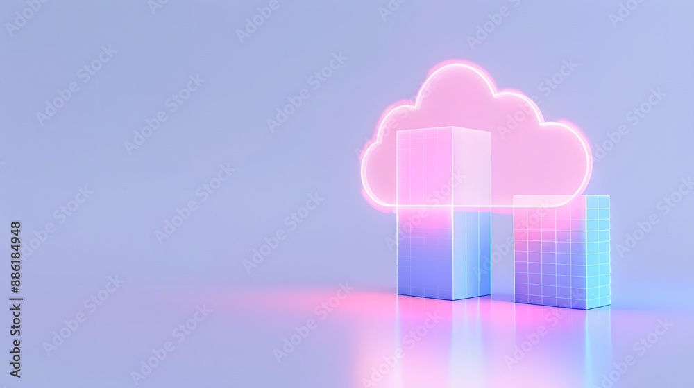 Poster futuristic digital cloud computing concept with neon lights and 3d geometric shapes. modern technolo