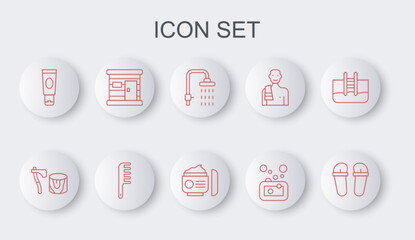 Set line Flip flops, Wooden axe in stump, Shower, Bar of soap, Cream or lotion cosmetic tube, Sauna wooden bathhouse, Hairbrush and icon. Vector