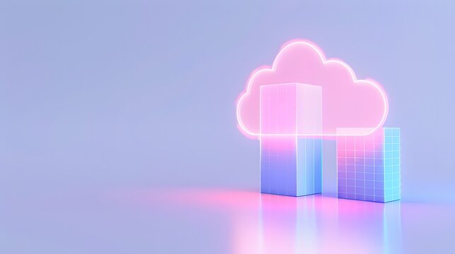 Futuristic digital cloud computing concept with neon lights and 3D geometric shapes. Modern technology and data storage visualization. 3D Illustration.