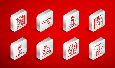 Set line Football or soccer player, Whistle, Award over sports winner podium, goal with, stadium, Championship tournament bracket, and cup and football icon. Vector