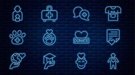 Set line Volunteer, Envelope with heart, Dialogue doctor, Heart animals footprint, Veterinary clinic, Taking care of children, Donation and charity and First aid kit icon. Vector