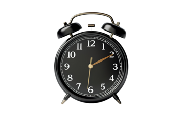 A Vintage-Style Black Alarm Clock With Gold Accents Sits on a Plain White Background. The Clock's Hands Point to 10 on a White or Clear Surface PNG Transparent Background.
