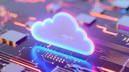 Futuristic digital cloud icon glowing on a high-tech circuit board, representing cloud computing, data storage, and modern technology. 3D Illustration.
