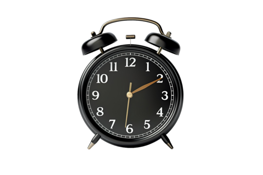 A Vintage-Style Black Alarm Clock With Gold Accents Sits on a Plain White Background. The Clock's Hands Point to 10 on a White or Clear Surface PNG Transparent Background.