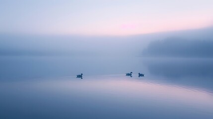 A peaceful lakeside retreat at dusk, soft pastel hues of twilight, tranquil and reflective mood, ducks gliding on the water, serene and calming,