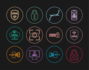 Set line Padlock with heart, Shield VPN wireless, Bezier curve, Eye scan, Network cloud connection, Password protection and Lock icon. Vector