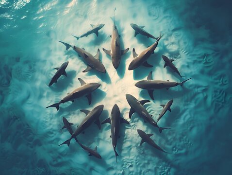 A group of sharks swimming in a circle formation in the ocean.