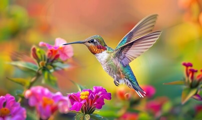 Fototapeta premium Vibrant Colored Hummingbird Hovering Over Pink Flowers In Nature