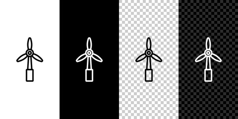 Set line Wind turbine icon isolated on black and white, transparent background. Wind generator sign. Windmill for electric power production. Vector