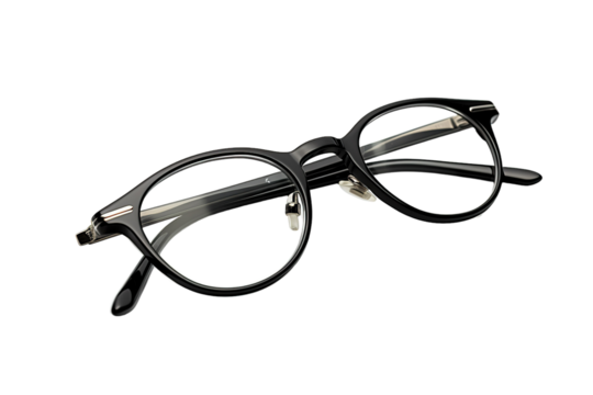 A Pair of Black Round Eyeglasses, Isolated on a White Background on a White or Clear Surface PNG Transparent Background.