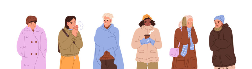 Obraz premium People freeze with cold weather set. Frozen men and women in outerwear, warm outfit, winter clothes shiver, shake with frost, low temperature. Flat isolated vector illustrations on white background