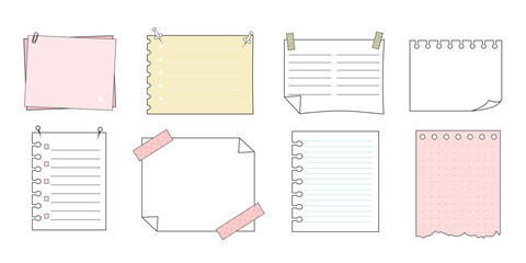 Memo sticky notes, sheet reminder, color office or school pages with tape, marks, pin, paperclip frames doodle style. Notebook bullet dairy list, funny retro drawing.