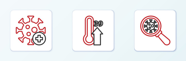 Obraz premium Set line Virus under magnifying glass, Positive virus and High human body temperature icon. Vector
