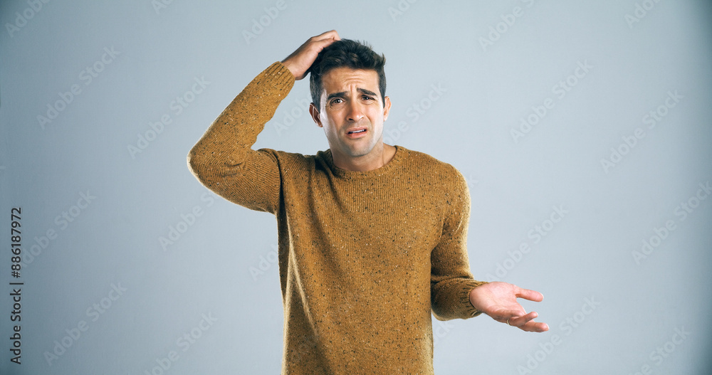 Poster Man, doubt and scratch head in studio portrait for decision, lost or problem solving by background. Person, confused and choice by mockup space for crisis, stress or error with wondering for solution