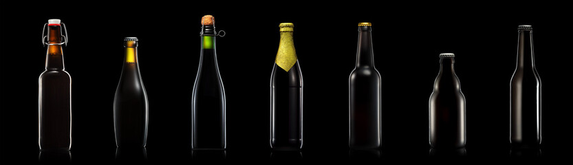 Set of bottle of beer or cider isolated on black background