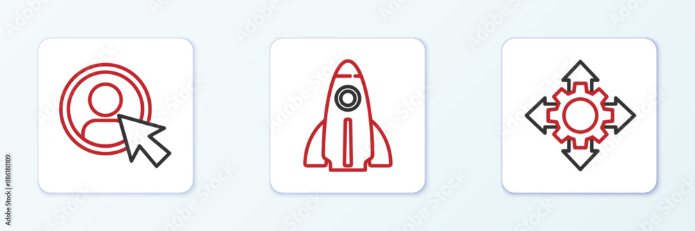 Poster set line project team base, create account screen and startup project concept icon. vector