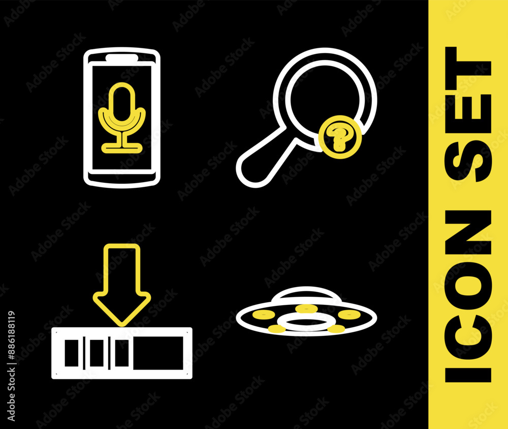 Poster set line unknown search, ufo flying spaceship, loading and mobile recording icon. vector