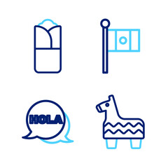 Set line Pinata, Hola, Mexico flag and Burrito icon. Vector