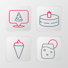 Set line Cocktail, Ice cream in waffle cone, Cake with burning candles and Slice of pizza icon. Vector