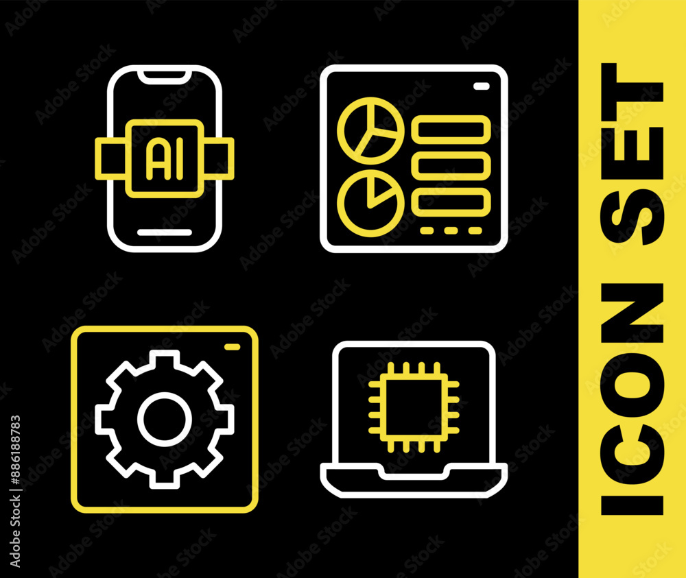 Poster Set line Computer api interface, Processor CPU, and Artificial intelligence AI icon. Vector