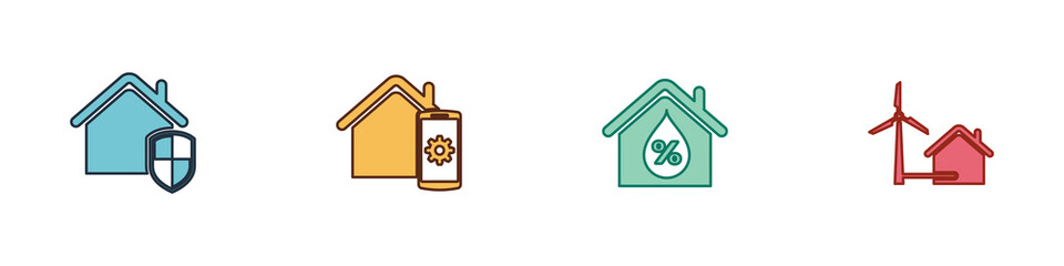 Set House under protection, Smart home remote control system, humidity and with wind turbine icon. Vector