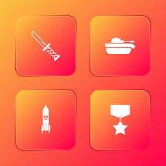 Set Military knife, tank, Nuclear rocket and reward medal icon. Vector