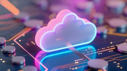 Fototapeta premium Futuristic neon cloud icon on a circuit board symbolizing cloud computing technology and data storage infrastructure. 3D Illustration.