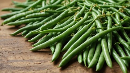Fototapeta premium Fresh Green Beans on Wooden Background.