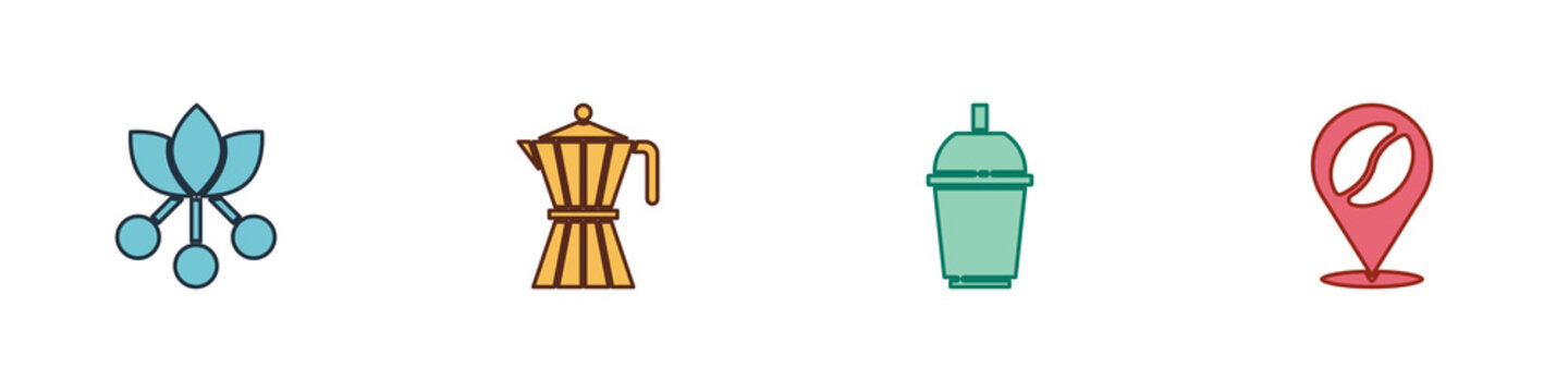 Set Coffee bean, branch, moca pot, cup to go and Location with coffee icon. Vector