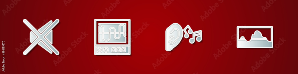 Sticker Set Speaker mute, Oscilloscope, Ear listen sound signal and Music wave equalizer icon. Vector