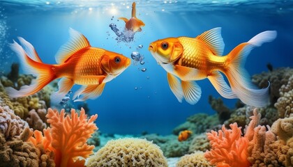Fototapeta premium Playful Goldfish in a Sea of Color: Leaping Among Coral and Sponges
