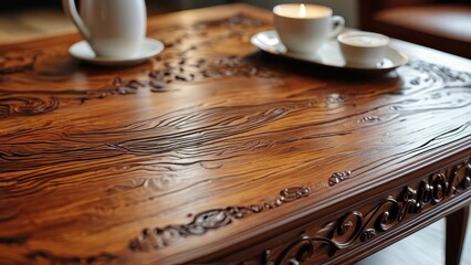 Obraz premium Closeup of a Wooden Table Top with Intricate Carvings.
