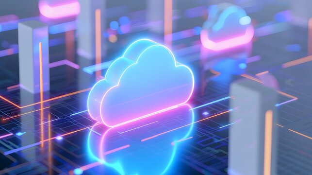 Futuristic neon glowing cloud icon representing cloud computing and digital connectivity on a reflective circuit board surface. 3D Illustration.