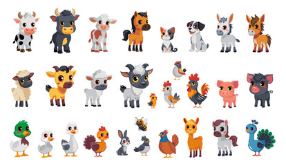 Big set funny vector Illustrations of farmyard animals for kids, posters, logo