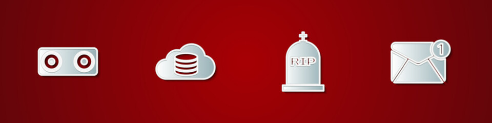 Set Stereo speaker, Cloud database, Tombstone with RIP written and New, email incoming message icon. Vector
