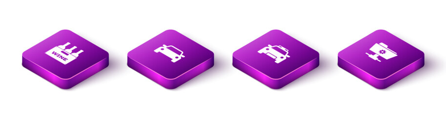 Set Isometric Bottles of wine in box, Car, Police car and flasher and FTP settings folder icon. Vector