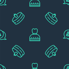 Set line Woman dress, Cake with burning candles and Slice of pizza on seamless pattern. Vector