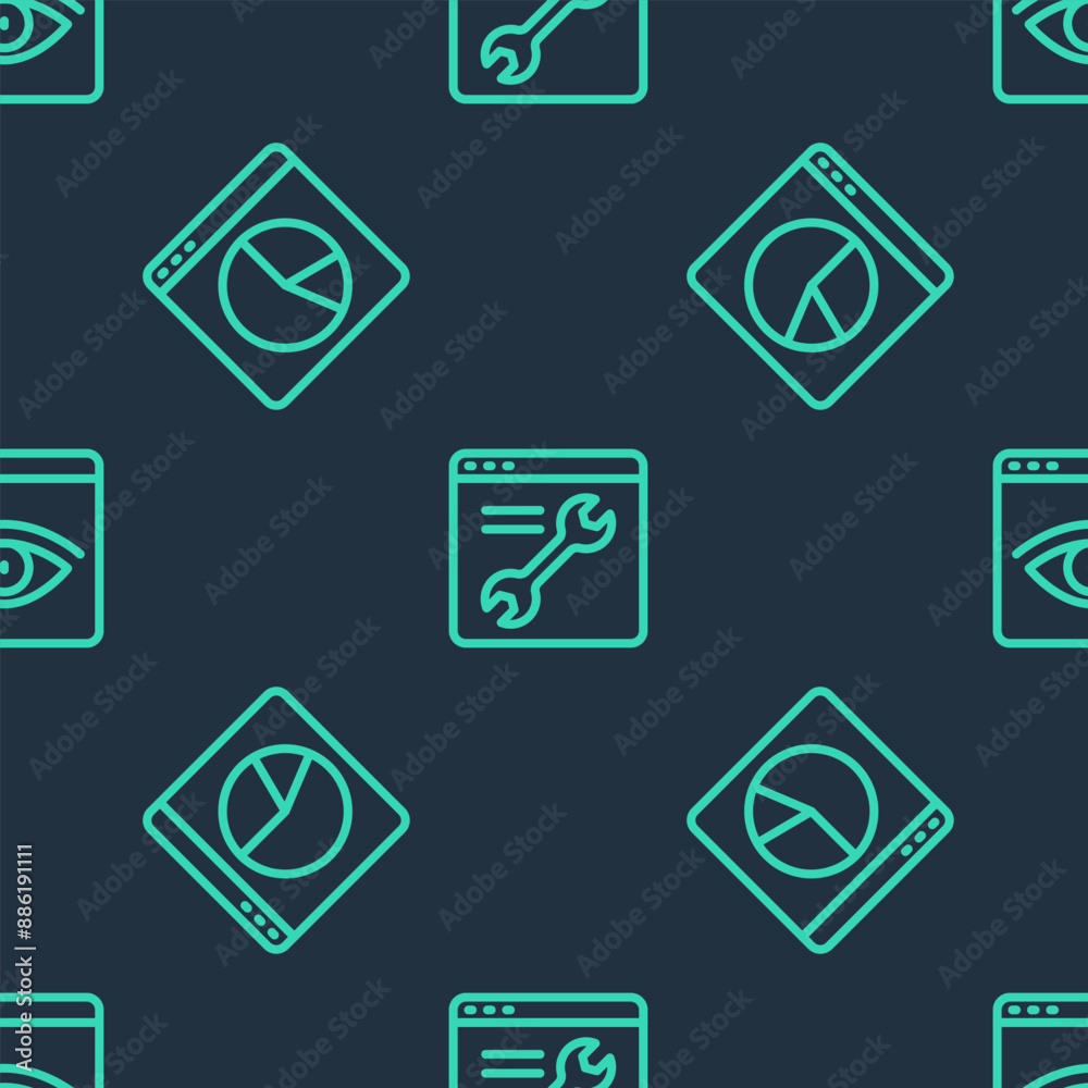 Poster set line browser setting, graph chart infographic and incognito window on seamless pattern. vector