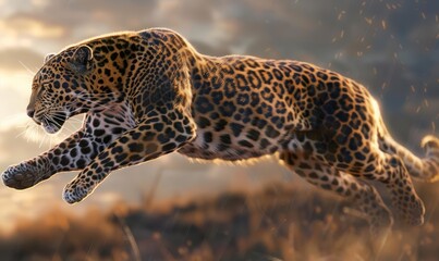 Leaping Leopard in Sunset Light with Golden and Brown Tones