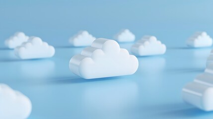 Minimalist 3D rendering of white clouds floating on a serene blue background. Perfect for technology, weather, or cloud computing themes. 3D Illustration.