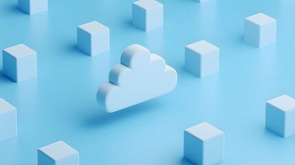 Minimalist blue 3D illustration of cloud and cubes. Concept of cloud computing, data storage, and technology. 3D Illustration.