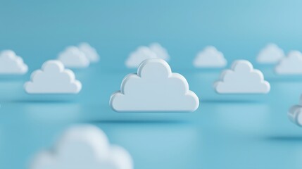 Minimalistic 3D illustration of white cloud icons representing cloud computing and technology on a light blue background. 3D Illustration.